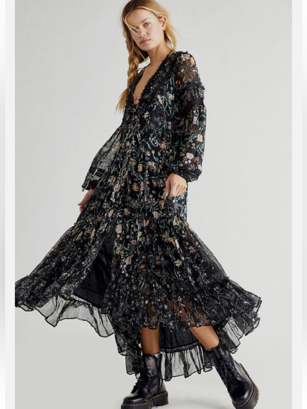 Free People Cassis Printed Ruffles Floral Lace-Trim Tiered Maxi Dress